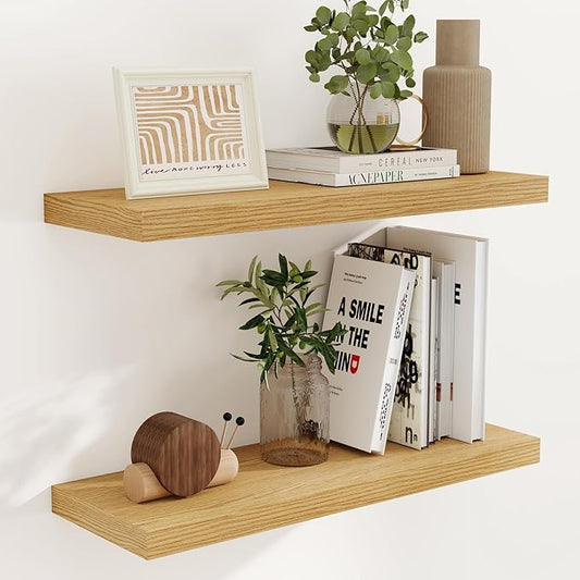 Rustic Wood Floating Shelves 32 Inch Long, 9 Inch Deep Wall Shelves for Home Decor, 32 x 9 Floating Shelf Wall Mounted Set of 2, Deep Floating Shelves for Kitchen, Bedroom, Living Room, Oak Color