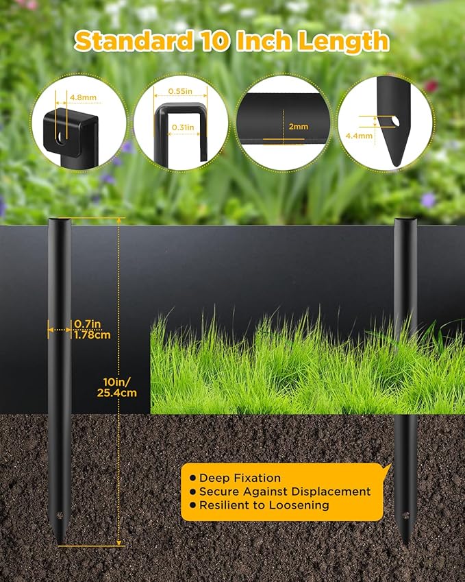 Landscape Edging Metal Stakes - 60 Pcs, 10 Inch Garden Landscape Stakes, High Carbon Steel Landscape Anchoring Stakes for Flowerbed Edging, Outdoor Tent and Landscape Edging Coil