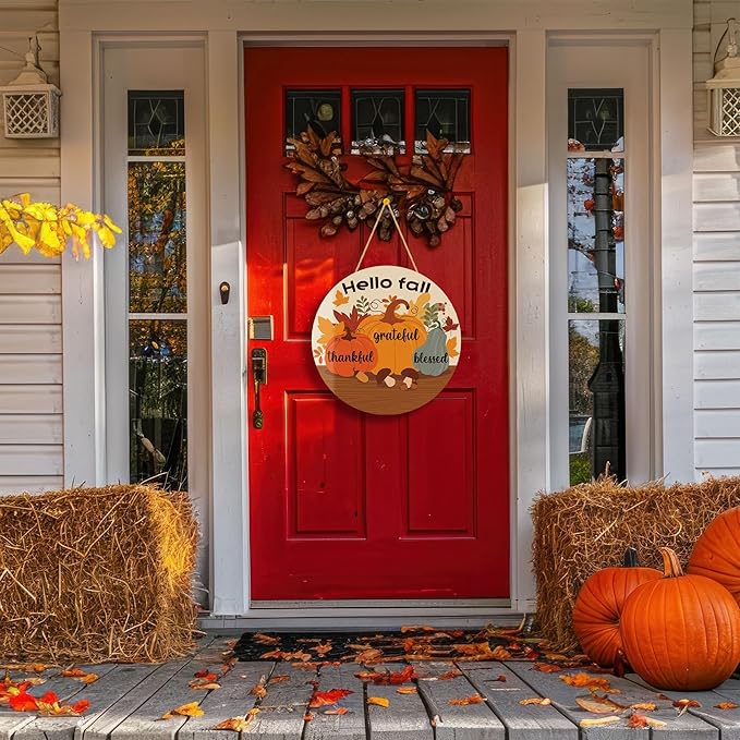 Fall Decorations for Home - Welcome Sign for Front Door,Rustic Round Wood Wreaths for Outdoor,Maple Leaves Garland Porch Decor for Thanksgiving Friendsgiving - Fall Decor for Room Kitchen Wall