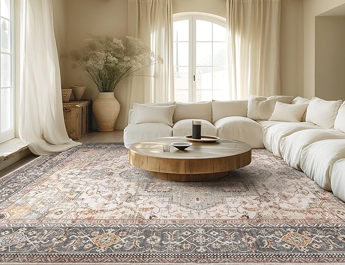 Washable Area Rugs for Living Room - 5x7 Neutral Vintage Distressed Floral Farmhouse Boho Large Soft Floor Rug Indoor Non Slip Carpet for Bedroom Dining Room Office - Forest Green Orange