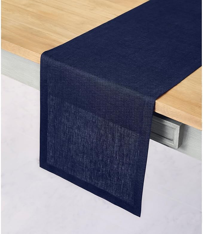 Solino Home Linen Navy Table Runner 144 Inches Long - 100% Pure Linen Extra Long Table Runner 14 x 144 Inch for Fall, Autumn, Thanksgiving - Fete