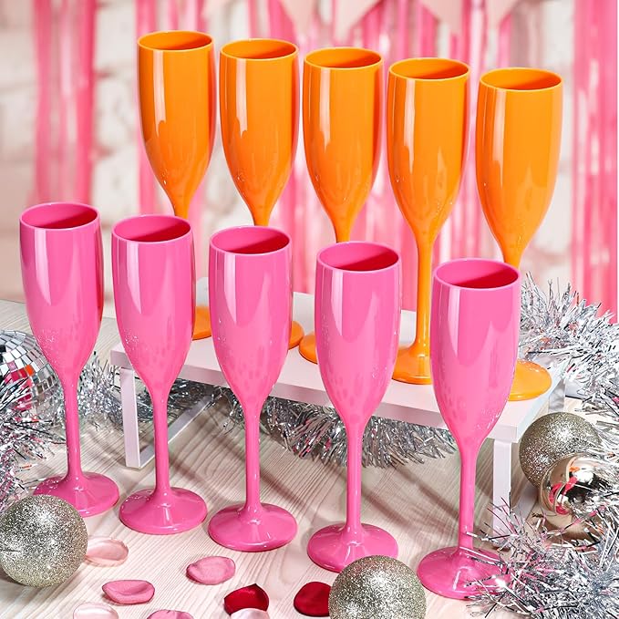 XUWAIDSGN Acrylic Champagne Flutes Toasting Glasses Unbreakable Mimosa Bar Reusable Wine Glasses Vintage Champagne Flutes Stemmed Drinking Cups 5.4 OZ for Christmas Birthday (10, Orange)