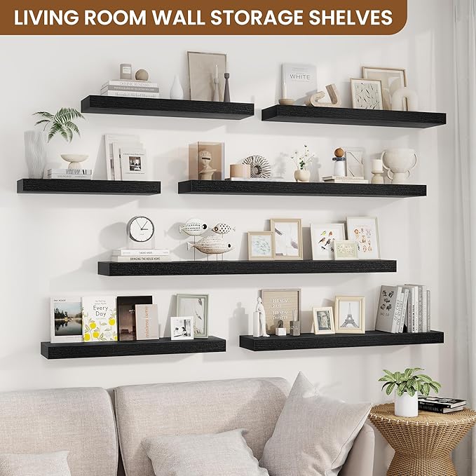 fuqing Floating Shelves for Wall, Bathroom Shelf Wall Mounted for Storage, Shelves with Invisible Bracket for Bedroom, Kitchen, Living Room, Farmhouse Small Book Shelf, 24 Inch Set of 2, Black