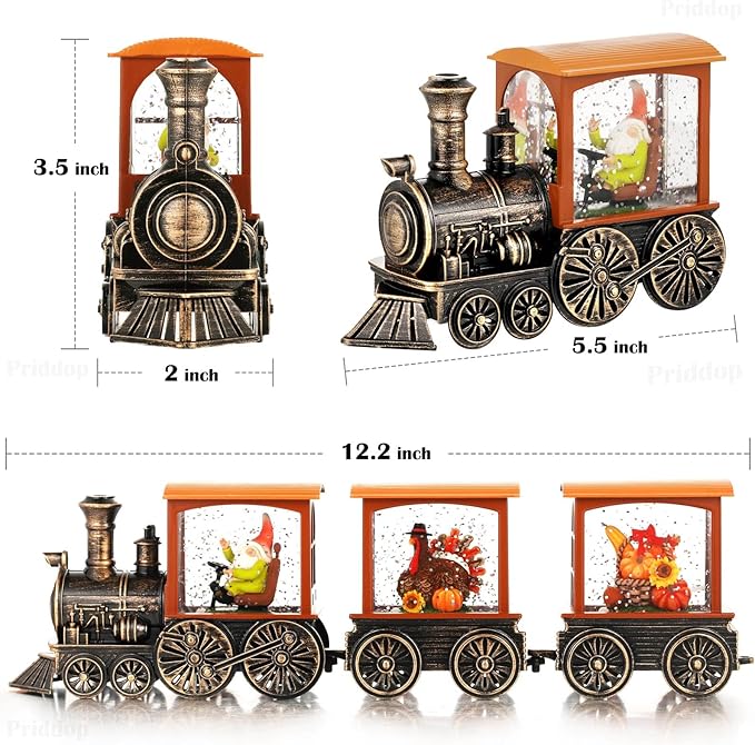 Fall Snow Globe Train Gnome Turkey Pumpkin Classic Relief Texture Battery Powered LED Glitter Fall Decorations for Home Autumn Harvest Thanksgiving Gifts