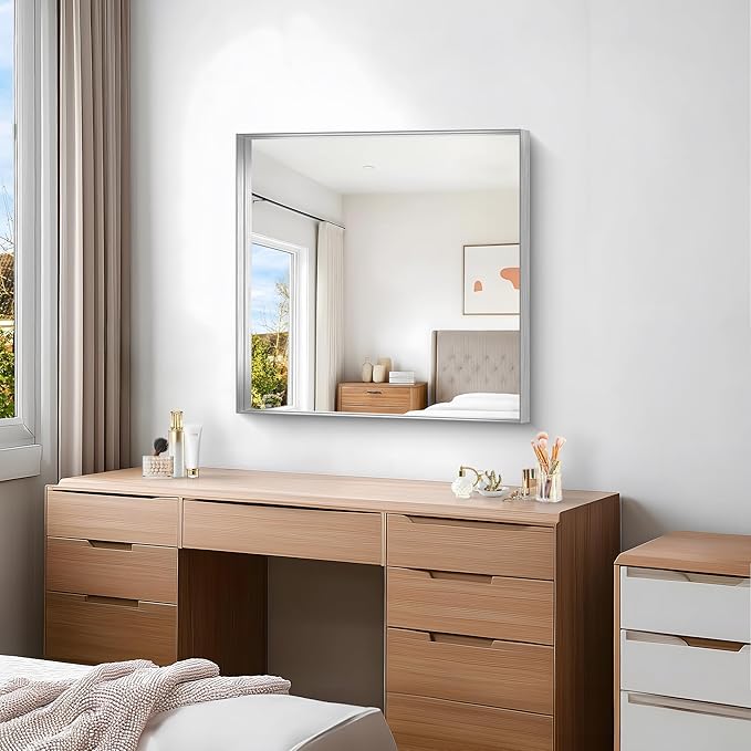 Silver Bathroom Mirror, 30x30 Inch Rectangular Framed Mirror, Large Wall Mounted Bathroom Vanity Mirror Over Sink for Bedroom,Restroom, Living Room, Hangs Vertically or Horizontally