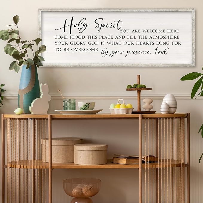 Holy Spirit You are Welcome Here Wall Decor Art 32x12 Inch Large Christian Song Bible Verse Plaque Wood Framed Sign Living Room Scripture Quote Religious For Office Wall Hanging (White)