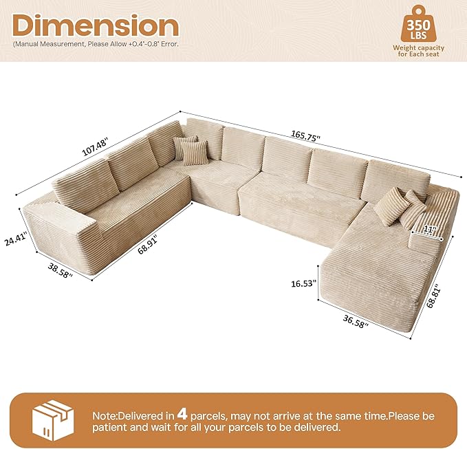 Cloud Sectional Couches for Living Room,U Shaped Modular Sofas No Assembly,165x107 Inches Plush Corduroy Oversized Floor Couch Set with Deep Seat Chaise,Beige