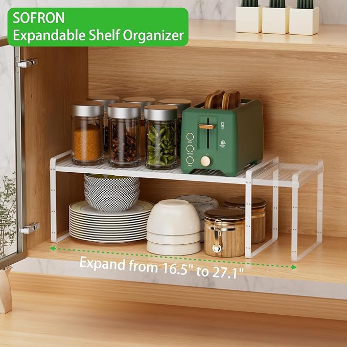 Expandable Cabinet Storage Shelf Stackable Organizer Rack for Kitchen Bathroom Pantry Spice Cupboard Coffee Countertop Home Office Desk Heavy Duty Nonslip White Small 1 Pack