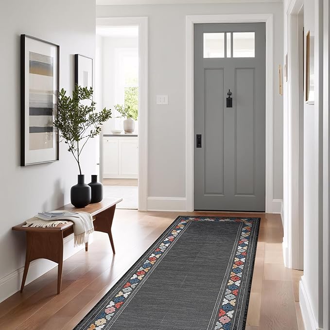 Beverly Rug Outdoor Runner Rug 2x7 Modern Floral Bordered Area Rugs for Indoor and Outdoor Patio Easy to Clean Non Shedding Living Room Porch Garden Washable Outside Carpet (2 x 7 Dark Gray)