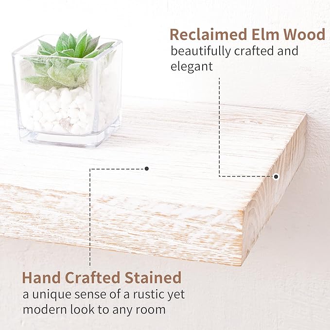 Axeman Floating Shelves for Wall, 8 Inch Deep Rustic Solid Elm Wood Wall Shelves for Storage, Wall Mounted Display Shelving with Invisible Heavy-Duty Metal Bracket, 36'' Width Set of 2, White Wash