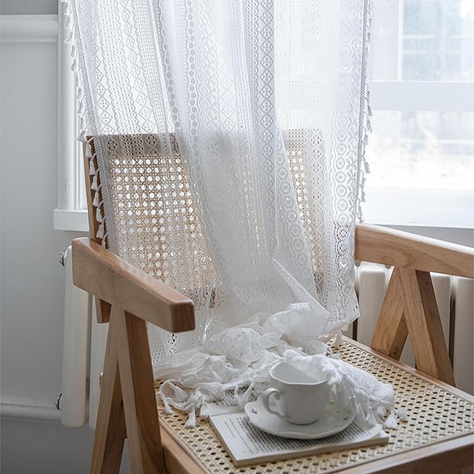 Sutuo Home Boho Curtains 120 inches for Bedroom Living Room Patio Doorway, Crochet Lace Sheer Bohemian Extra Long with Tassels,Window Treatment Drape, Single 1 Panel 59" W x 120" L, White