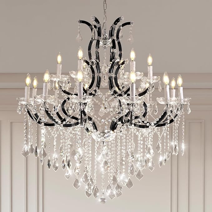 Large Black Crystal Chandelier Light Fixtures, 18 Lights Modern Crystal Chandeliers for Dining Room,Staircase Hallway Living Room Entryway,2 Layers 41'' Foyer Chandelier