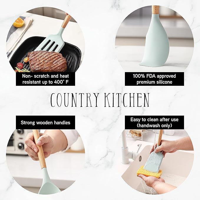 Country Kitchen Non Stick Silicone Utensil Set with Rounded Wood Handles for Cooking and Baking, 14 Piece Set, Mint