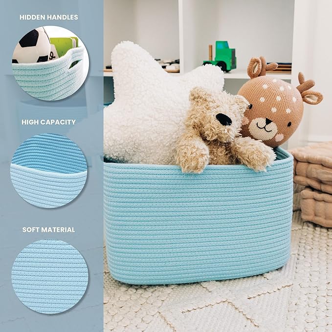 OrganiHaus Woven Storage Baskets for Organizing, Cotton Rope Organizer Bins for Shelves, Closet & Nursery, Dog Toy Basket, Decorative Bins for Toys, Towels & Books - 15x10x9, Blue