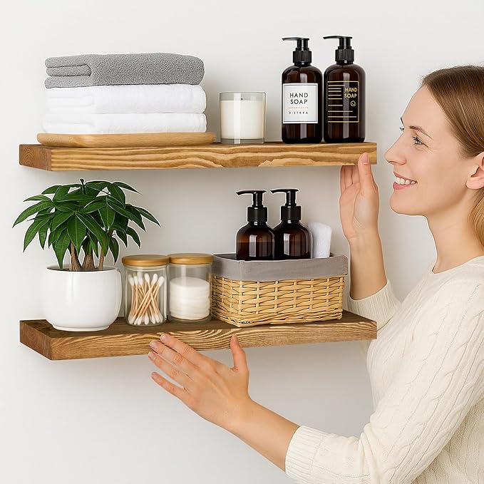 BGMG Wood Floating Shelves for Wall 24 inch Set of 2, Rustic Wooden Wall Mount Shelves for Living Room Bedroom Kitchen Farmhouse-24x6.7x1.25 inch- Gold Oak