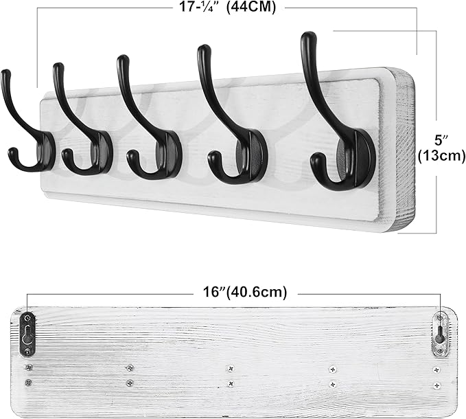SKOLOO Rustic Wall Mounted Coat Rack, 16 inches Hole to Hole, Case of 2, Pine Solid Wood Coat Hook Hanger - 5 Hooks for Hanging Clothes Robes Towels Coats