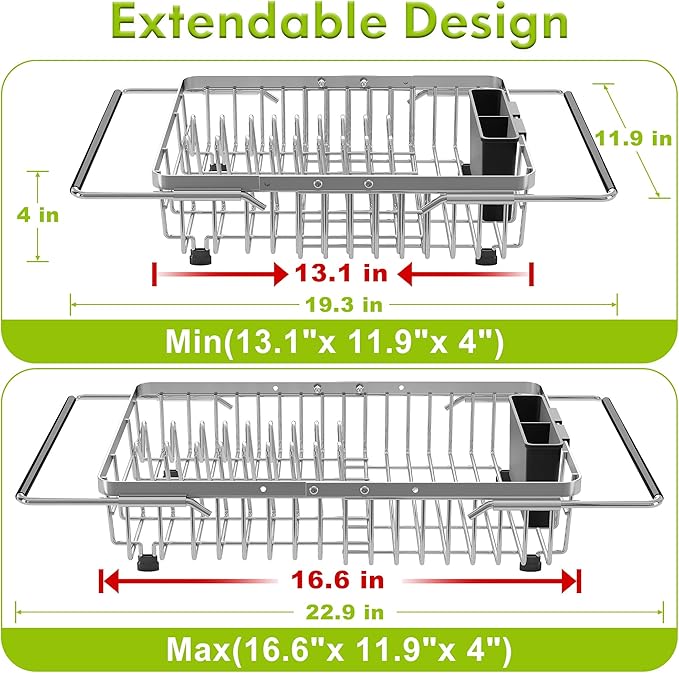 Dish Drying Rack in Sink, Expandable Stainless Steel Dish Drainer for Kitchen Sink, Dish Strainer Rack, Retractable Over Sink Dish Rack with Utensil Holder, 13.1''~16.6''D x 11.8''W, Silver