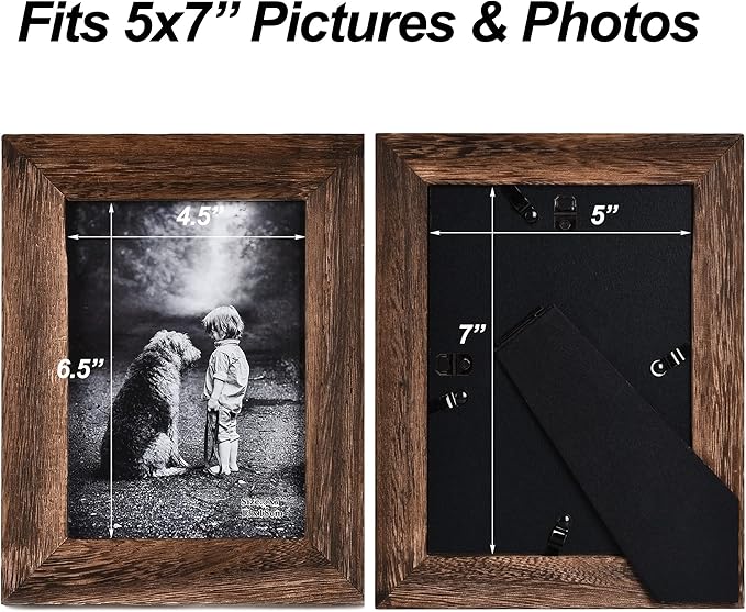 Yaetm 5x7 Picture Frame Distressed Wood, Rustic Solid Wood Photo Frame 5 x 7, Display for Tabletop and Wall, High Definition Glass, Carbonized Black (2 pack)