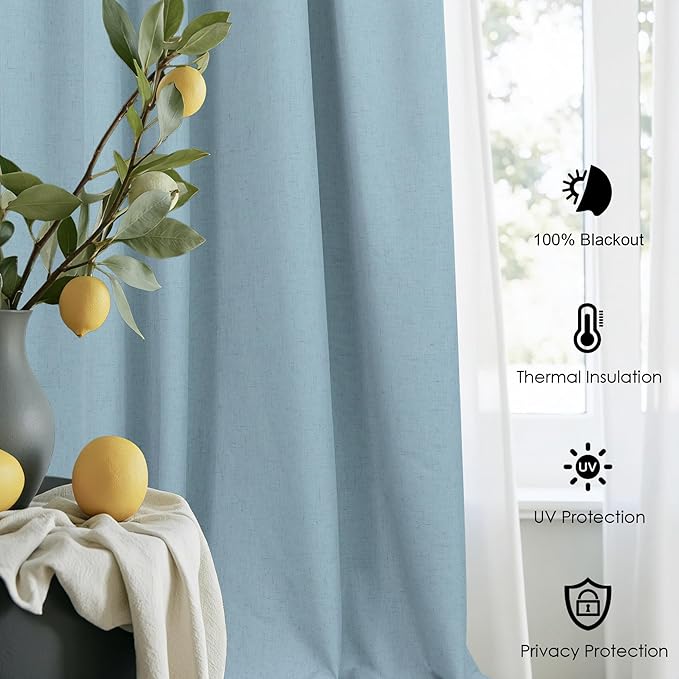 Total Blackout Linen Curtains 96 Inches Long for Bedroom 8 Foot Tall Heavy Thermal Rustic Country Light Blue Black Out Curtains for Living Room Window Drapes Stone Blue Gray Greyish Back Tab 2 Panels