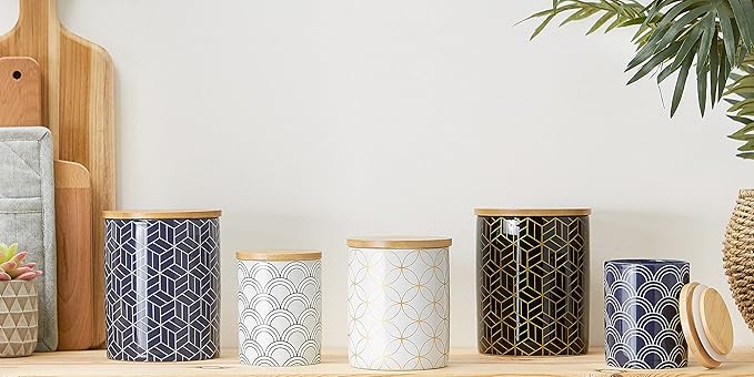 DII Kitchen Ceramics Collection, Canister Set, Mixed Print, White/Gold, 3 Piece