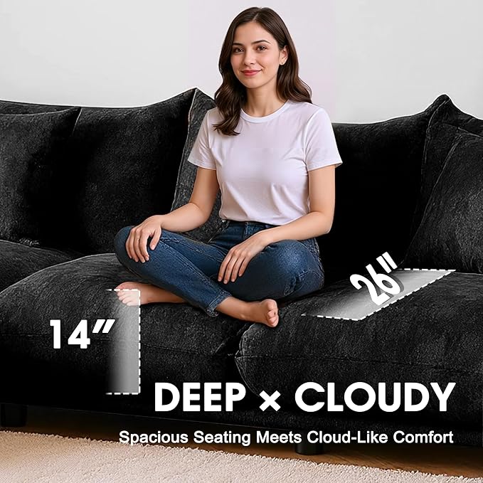 Modern Minimalist Chenille Modular Sectional Sofa, Oversized Deep-Seat U-Shaped Couch with Movable Ottoman, Thick Cushions, Upholstered Sofa for Living Room, Bedroom, Office, Apartment Black 1 Ottoman