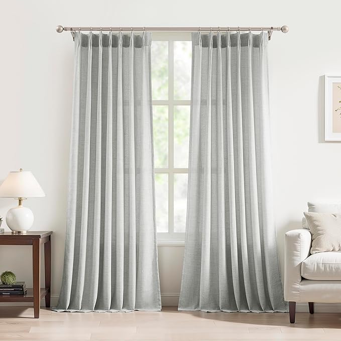 FMFUNCTEX Pinch Pleated Curtains 96 Inches Long for Living Room, Grey Semi Sheer Faux Linen Textured Pleat Drapes for Bedroom with Hooks, Light Filtering Farmhouse Window Drapes 2 Panels
