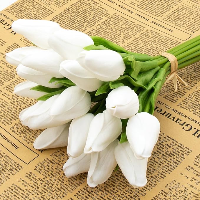 Buart Artificial Tulip in Bulk for Home Kitchen Wedding Bridal Bouquet,Fake White Flowers for Valentine's Day Mother's Day Easter Table Centerpieces Decorations(Mini Size,Real-Touch,12pcs)