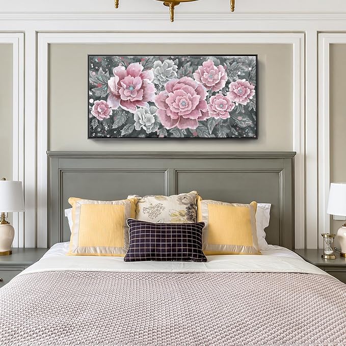Large Pink Wall Art for Living Room- Pink and Black Peony Floral Canvas Wall Art Modern Framed Moody Black and White Wall Picture Flower Artwork Decor for Bedroom Dining Room Office 48x24