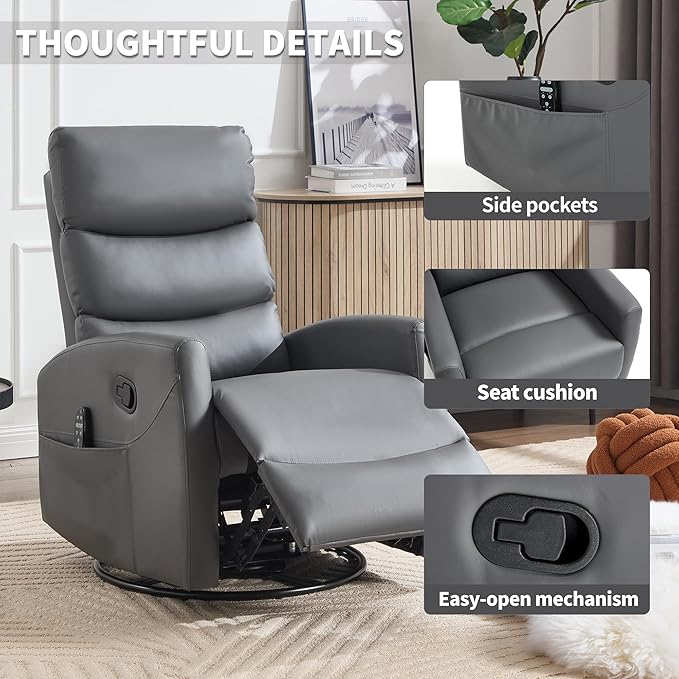 Manual Swivel Rocker Recliner Chair for Adults, Overstuffed Reclining Glider Chair for Nursing with Vibration Massage & Heat, Living Room Rocking Recliner 3-Stage backrest, Faux Leather Gray