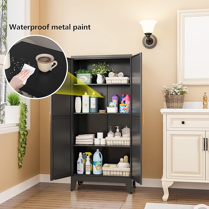 Black Metal Storage Cabinet, 48" Steel Cabinets for Home Office, Kitchen Pantry Storage Cabinet with Doors and 3 Adjustable Shelves, for Office, Home, Garage, School