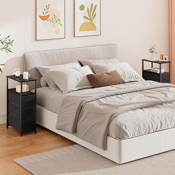 TUTOTAK Narrow Night Stand, Slim End Table, Tall Side Table with 3 Fabric Drawer, Small Bedside Table with Storage, Set of 2, for Living Room, Bedroom, Black TB01BK072