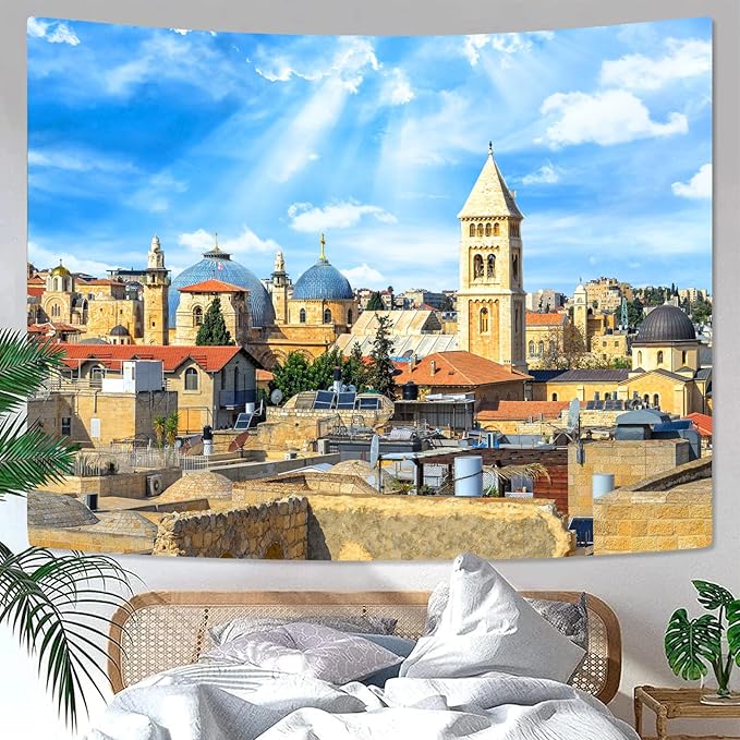 AMM Western Wall Tapestry Jerusalem Old City Church Tapestry for Bedroom Aesthetic Mediterranean Landscape Tapestries Wall Hanging for Living Room Dorm Office 80 x 60 Inch