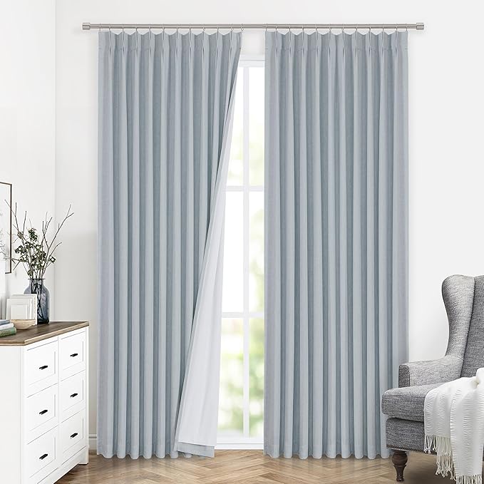 Vision Home Blue Fog Pinch Pleated Full Blackout Curtains Linen Blended Room Darkening Window Curtains 112 inch for Living Room Bedroom Thermal Insulated Pinch Pleat Drapes with Hooks 60" Wx112 Lx1