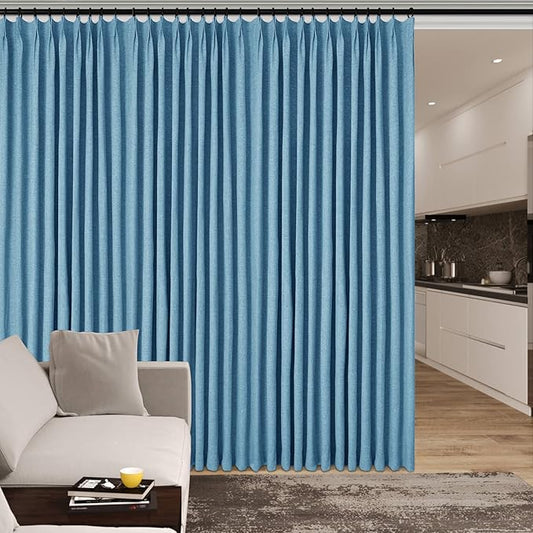 Extra Wide 100% Blackout Linen Textured Curtains - Room Dividers, W200 x L96 (1 Panel), Pinch Pleat Drapes for Living Room, Full Light Block Out Drapery for Sliding Door, Blue