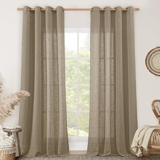 LAMIT Taupe Linen Curtains 95 Inch Length 2 Panels for Living Room/Bedroom, Semi Sheer Light Filtering Farmhouse Bronze Grommet Long Soft Thick Linen Textured Window Drapes, 52 x 95 Inch