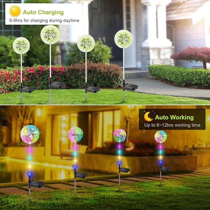 Solar Dandelion Lights Outdoor Decorative: 6 Pack Garden Lights Solar Powered - Waterproof Colorful Flower Light Decor for Yard Patio Porch Pathway Outside Lighting, Unique Gifts for Women
