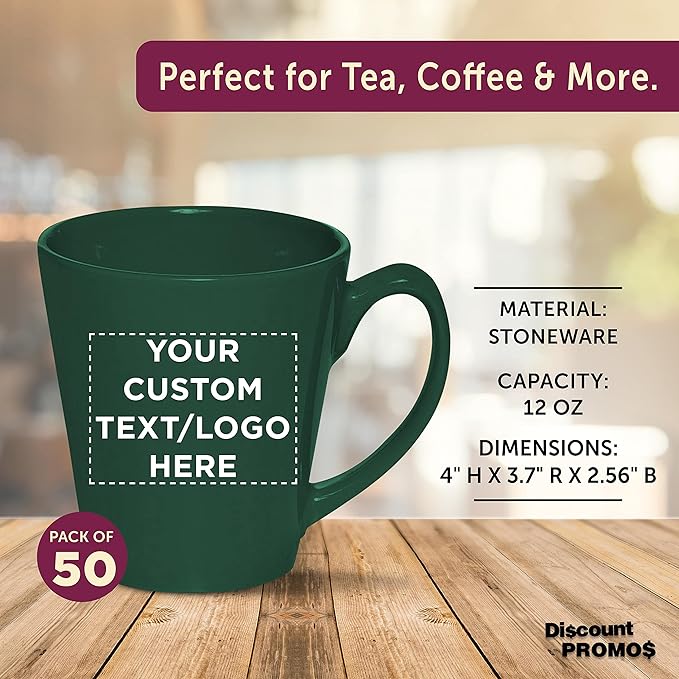 DISCOUNT PROMOS Custom Glossy Ceramic Latte Coffee Mug 12 oz. Set of 50, Personalized Bulk Pack - Perfect for Tea, Espresso, Cappuccino, Hot Cocoa - Green