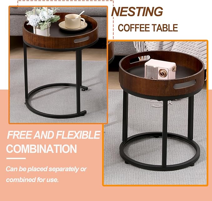 Nesting Coffee Table Set of 2, Small Round Stacking Side Table Set with Metal Frame, Nesting Tables for Living Room Bedroom Office Balcony (Wood, 2)