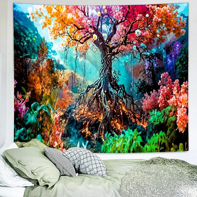 Delur Forest Tapestry Tree of Life Fantasy Tropical Rainforest Tapestry Wall Hanging Colorful Nature Mystical Landscape Psychedelic Spiritual Headboard for Bedroom Living Room Home Decor (51.2" x 59.1")