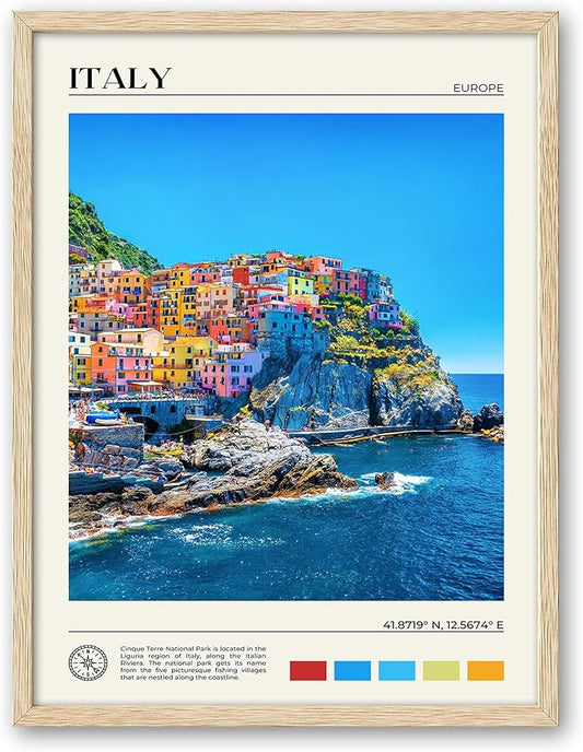 HesenDot Natural OAK Wood Framed Cinque Terre National Park Wall Art,12x16in Italian Natural Seascape Canvas Wall Print,Classic Urban Landmark Wall Decor for Living Room, Bedroom,Office Set of 1