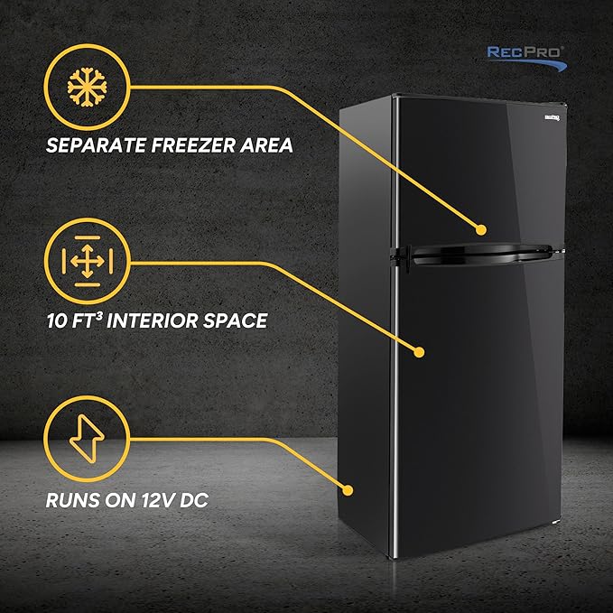 RecPro 10 Cu Ft 12V RV Refrigerator | Black Frost-Free Fridge with Freezer | Double Door, Adjustable Shelves, Reversible Door, Built-In Lock | 23.5”W x 26”D x 59”H | Off-Grid & Dry Camping Ready