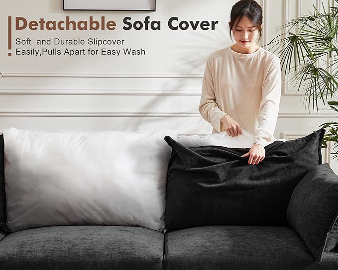 Oversized Loveseat Sofa, Modern Modular Sectional Couch Black Fluffy Chenille Mid Century 2-Seat 24.5" Deep Seat for Apartment, Living Room, Bedroom