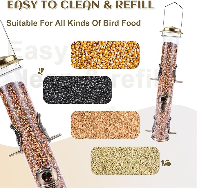 MIXXIDEA 1PK Metal Bird Feeders with 6 Feeding Ports,Tube Bird Feeder with Steel Hanger,Hard Plastic Wild Bird Feeder for Outdoors Hanging, Attracting Birds in Your Lawn, Garden, Balcony–Bronze