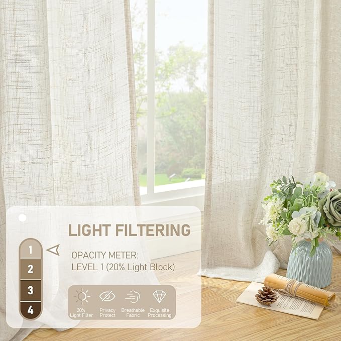 LAMIT 102 inch Natural Linen Curtains for Living Room, Cream Ivory Light Filtering Semi Sheer Long Panels Bronze Grommet Boho Neutral Drapes for Bedroom/Farmhouse,2 Panels Set, 52 x 102 Inch