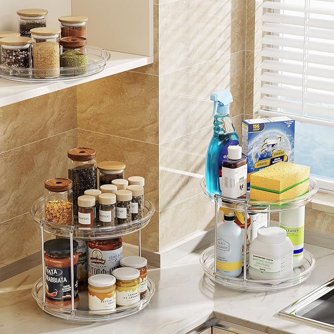 LAMU 2 Pack 2 Tier Lazy Susan Turntable Organizer 9.25'' Rotating Spice Rack Organization for Cabinet, Kitchen, Pantry, Countertop, Bathroom, Vanity, Medicine Cabinet Organizer, Clear