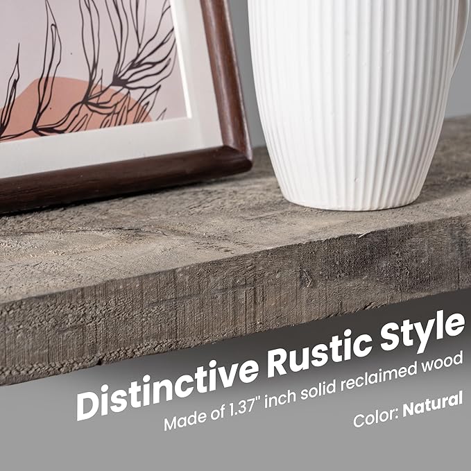 Solid Reclaimed Wood Floating Shelf 48inches Width and 8 inches Depth, Rustic Reclaimed Barnwood Wall Hanging Shelves with Invisible Heavy-Duty Metal Bracket，Cement Grey