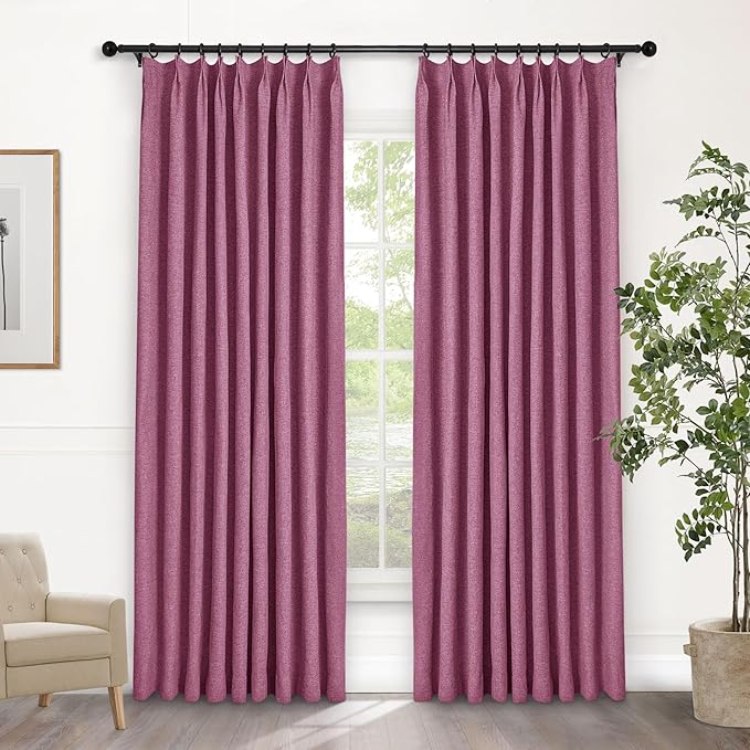 Macochico Pinch Pleated Blackout Curtains 102 Inches Long 100% Light Blocking Lilac Linen Drapes for Bedroom Living Room Farmhouse Shabby Chic Burlap Curtains with Tieback 72”Wx102”L 1 Panel