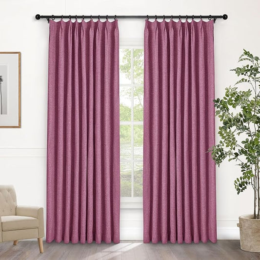 Macochico Pinch Pleated Blackout Curtains 102 Inches Long 100% Light Blocking Lilac Linen Drapes for Bedroom Living Room Farmhouse Shabby Chic Burlap Curtains with Tieback 72”Wx102”L 1 Panel