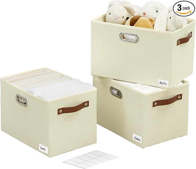 Large 3-Pack Foldable Fabric Storage Bins with Durable PU & Metal Handles , Collapsible Storage Baskets for Shelves, Home Storage, Closet Organizers, Living Room(14.9"x9.8"x9.8", Beige)