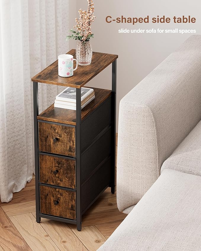 TUTOTAK Narrow Night Stand, Slim End Table, Tall Side Table with 3 Fabric Drawer, Small Bedside Table with Storage, Set of 2, for Living Room, Bedroom, Brown TB01BB072